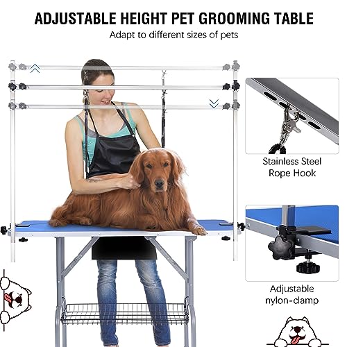 Dog/Pet Grooming Table Foldable Height Adjustable - 42-inch Portable Dog Grooming Table with Arm Noose & Mesh Tray, Maximum Capacity Up to 300lbs, Dark Blue