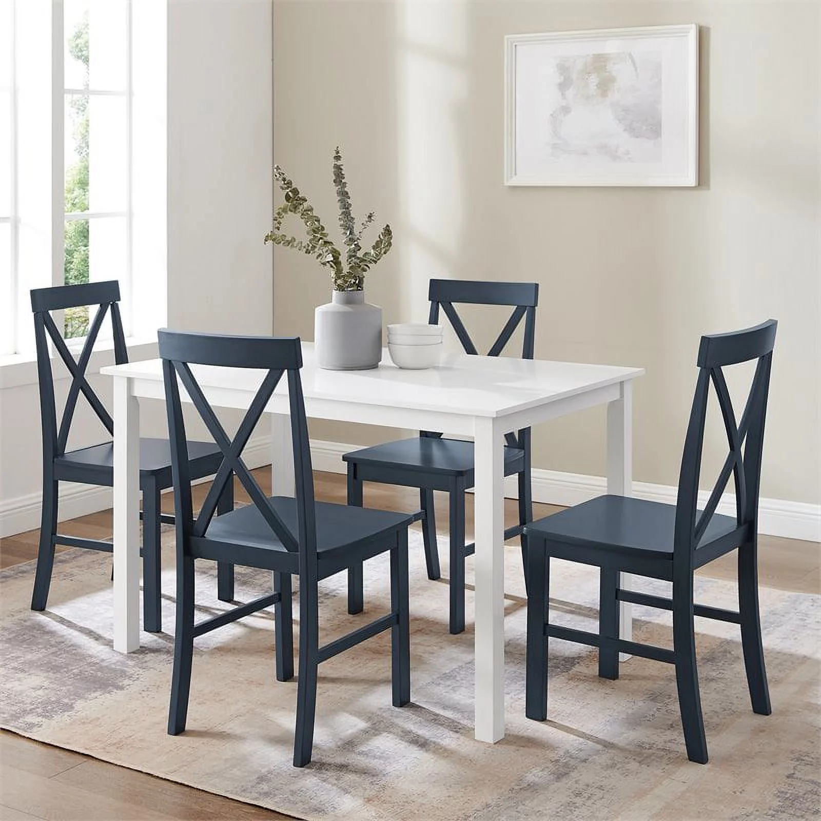 Walker Edison Greyson 5-Piece Farmhouse Engineered Wood Dining Set in White/Navy