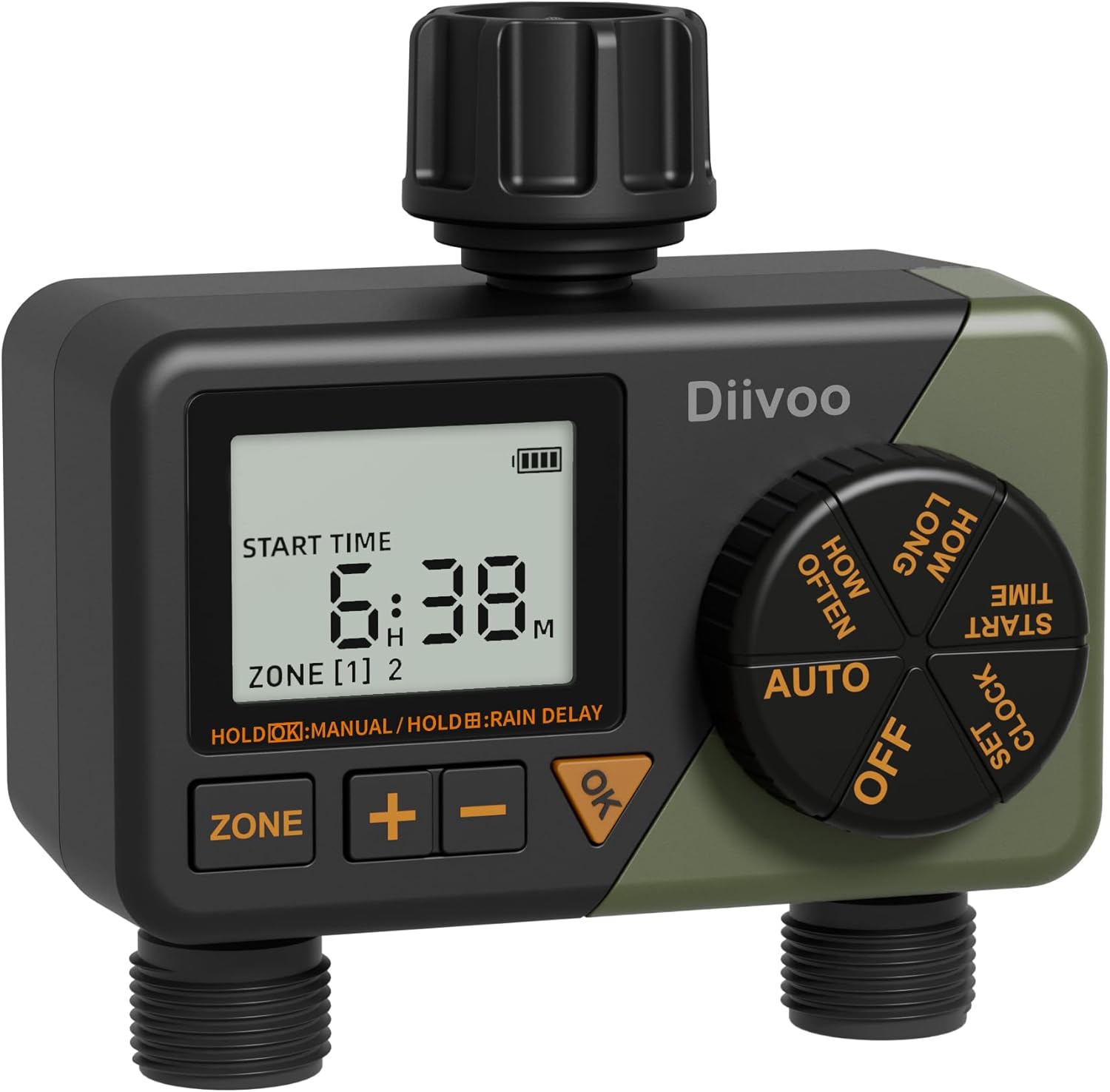 Diivoo Sprinkler Timer 2 Zone, Programmable Water Hose Timer 2 Outlet for Garden, Automatic Irrigation Timer IP54 with Rain Delay/Manual/Auto Mode, Outdoor Hose Timer Controller for Lawn, Pool, Yard