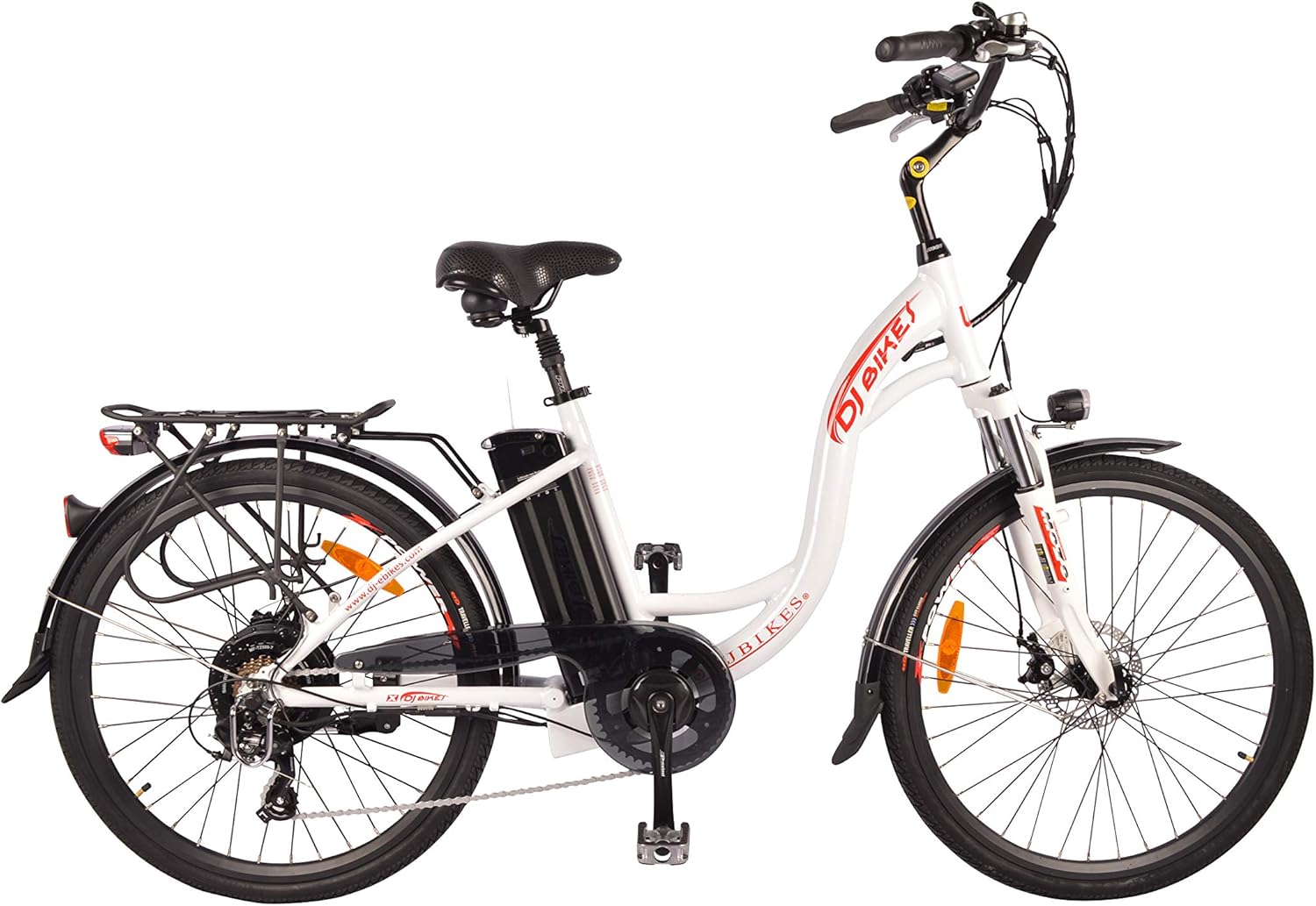 DJ City Bike 750W 48V 13Ah Step-Thru Power Electric Bicycle, Pearl White, LED Bike Light, Fork Suspension and Shimano Gear