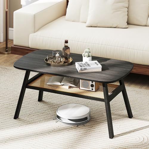 Giantex Rattan Coffee Table, 2-Tier Mid Century Modern Rectangular Cocktail Tea Table with Rattan Storage Shelf & Rubber Wood Legs, Farmhouse Boho Center Table for Living Room