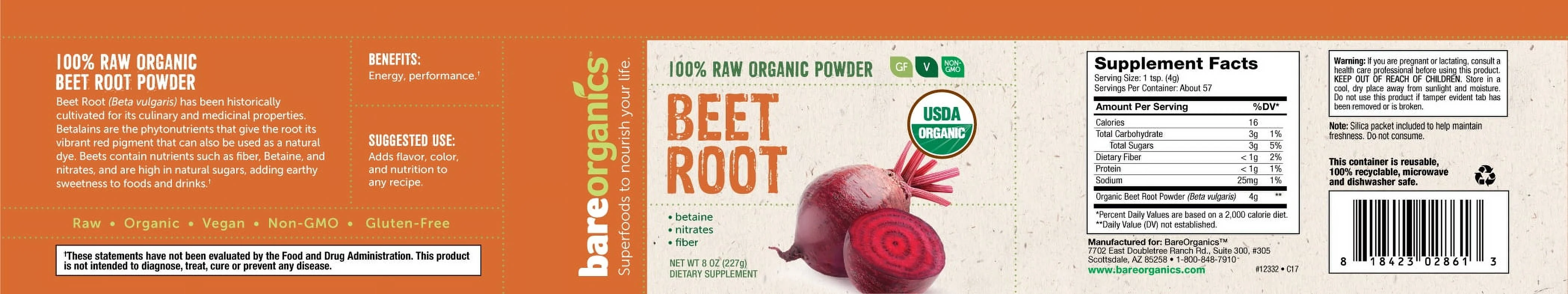 BAREORGANICS Beet Root Powder (Raw-Organic) (8Oz) 227G