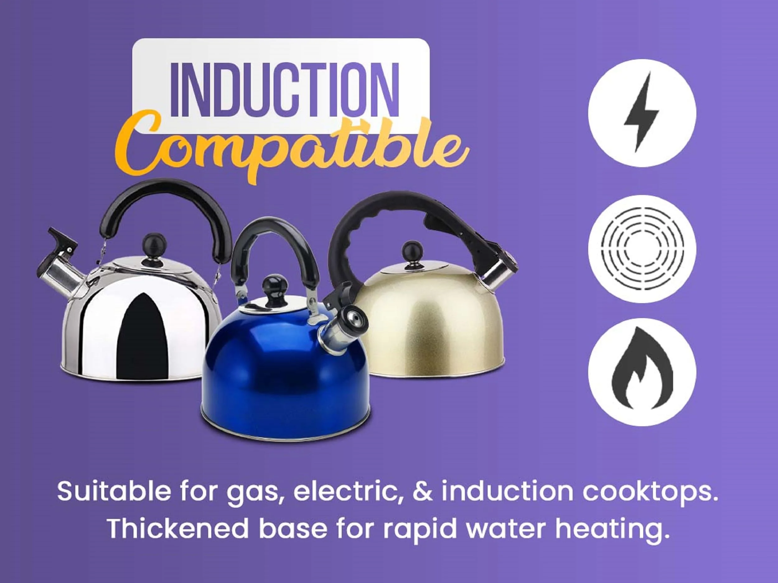 YBM Home Stainless Steel Stovetop Whistling Tea Kettle 3L with Handle, Induction Compatible - Gold