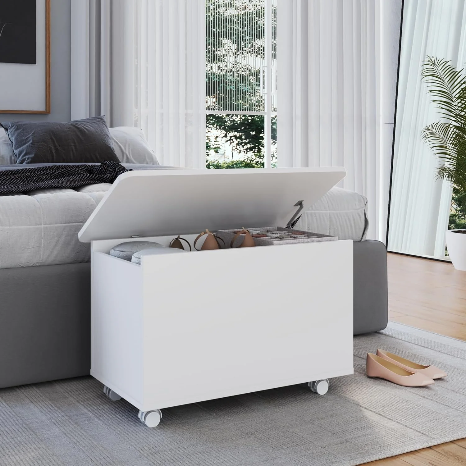 WANHUI - Art in Moveis Chest & Storage Trunk for Blankets, Balls, Shoes, Clothes - Entryway Storage Box with Lid - Premium CARB-Free Engineered Wood - White