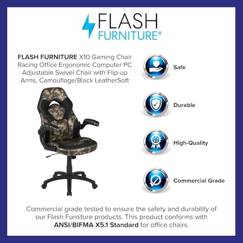 Flash Furniture X10 High-Back LeatherSoft Racing Style Gaming Chair with Flip-Up Arms, Ergonomic Padded Swivel Computer Chair, Blue/Black