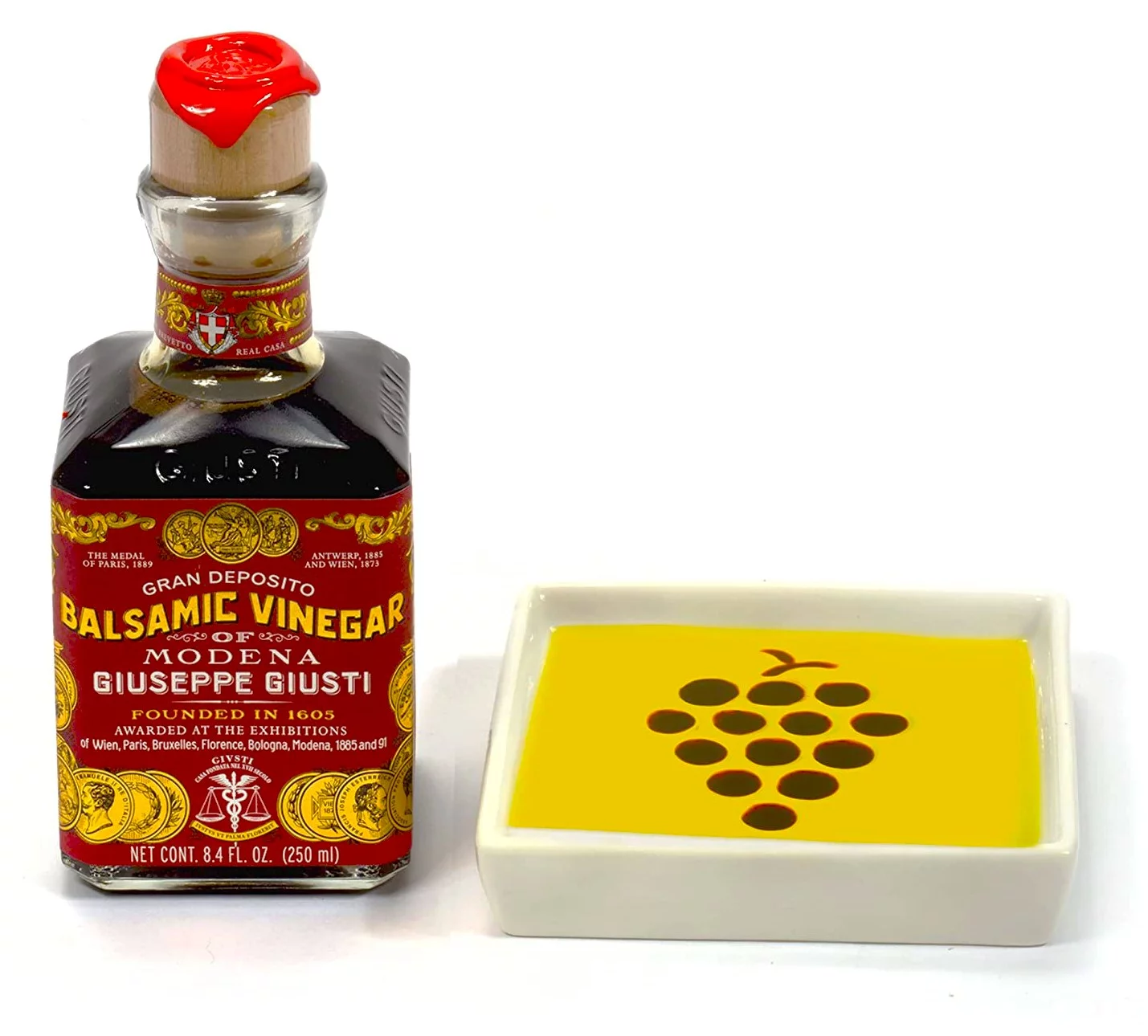 Bellina Gourmet Giuseppe Giusti - Gran Deposito Aceto Balsamico Di Modena - Italian Balsamic Wine Vinegar 8.45 fl.oz. (250ml) and Bread Dipping Plates Grapes Shape Gift Set