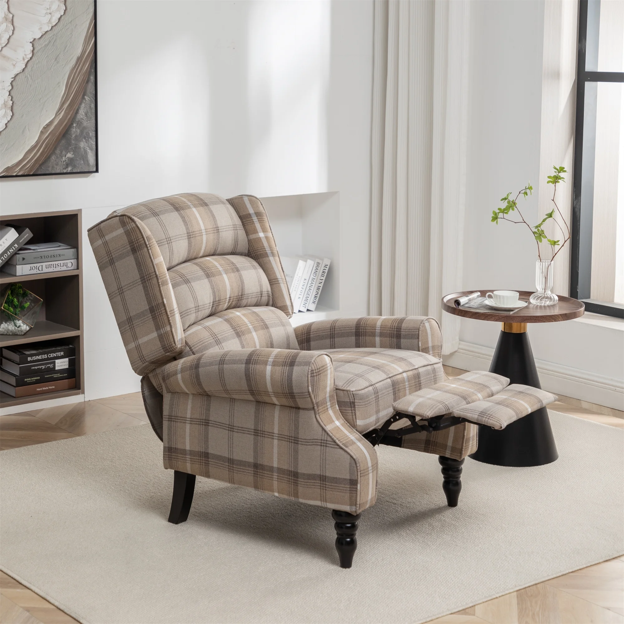 Upholstered Wingback Recliner Chair, Plaid Recliner Chair Armchair Adjustable Footrest Push Back Reclining Sofa, Mid Century Modern Lounge Armchair for Living Room, Bedroom, Reading -- Natural