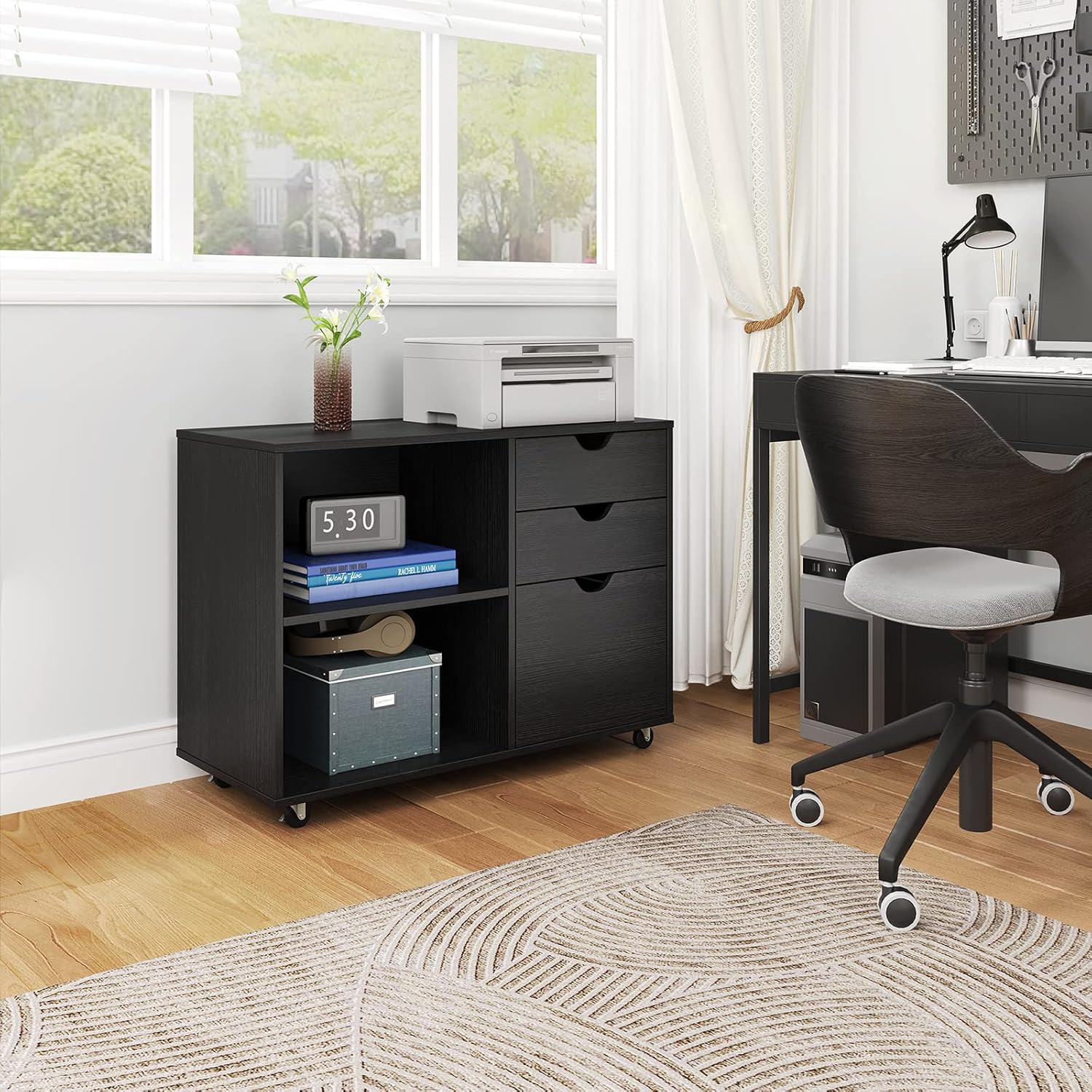 YITAHOME Wood File Cabinet, 3 Drawer Mobile Lateral Filing Cabinet, Storage Cabinet for A4, Letter Size Files, Printer Stand with Shelves for Home Office, Black