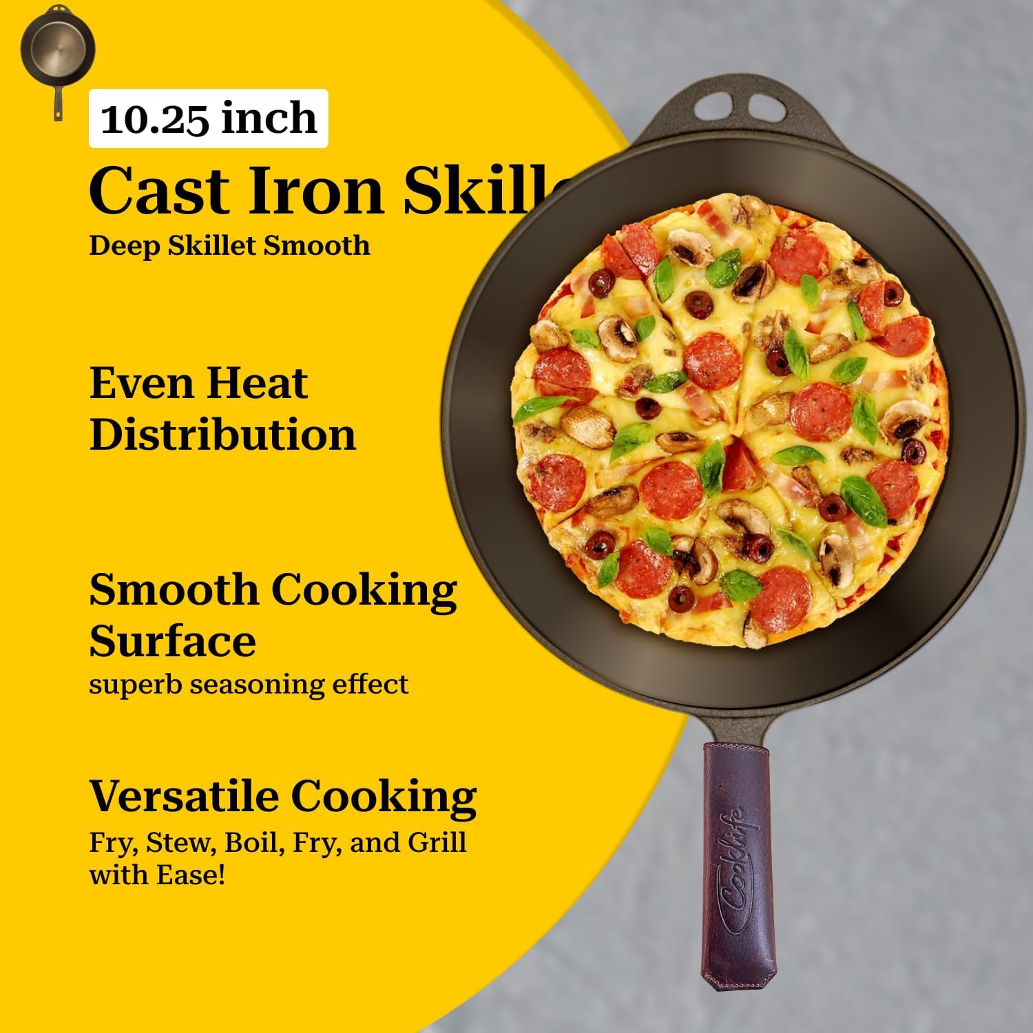10.25 Inch Smooth Pre-Seasoned Round Cast Iron Skillet with Handle Cover, Frying Pan with Long Handle - Use in th Oven, Over a Campfire Fire or on the Stovetop, Induction, Grill, Bronze
