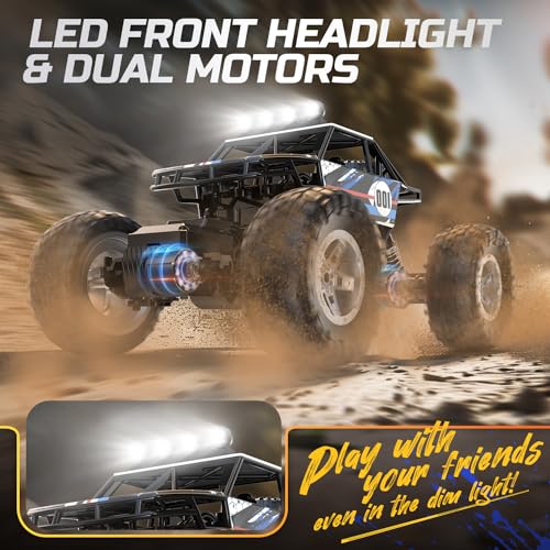DEERC DE45 1:14 Remote Control Truck, RC Car Toy Rock Crawler, 4WD Off Road Monster Truck with Metal Shell Dual Motors LED Headlight 90 Min Play