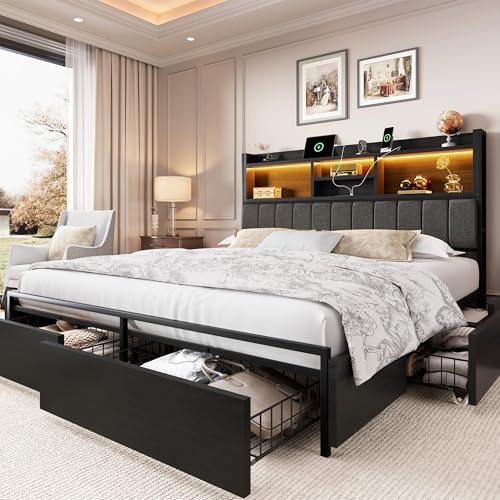 King Size Bed Frame with 6 Storage Drawers and Headboard Wooden Platform Bed Frame with LED Lights and Charging Station Easy Assembly/No Box Spring Needed/Black