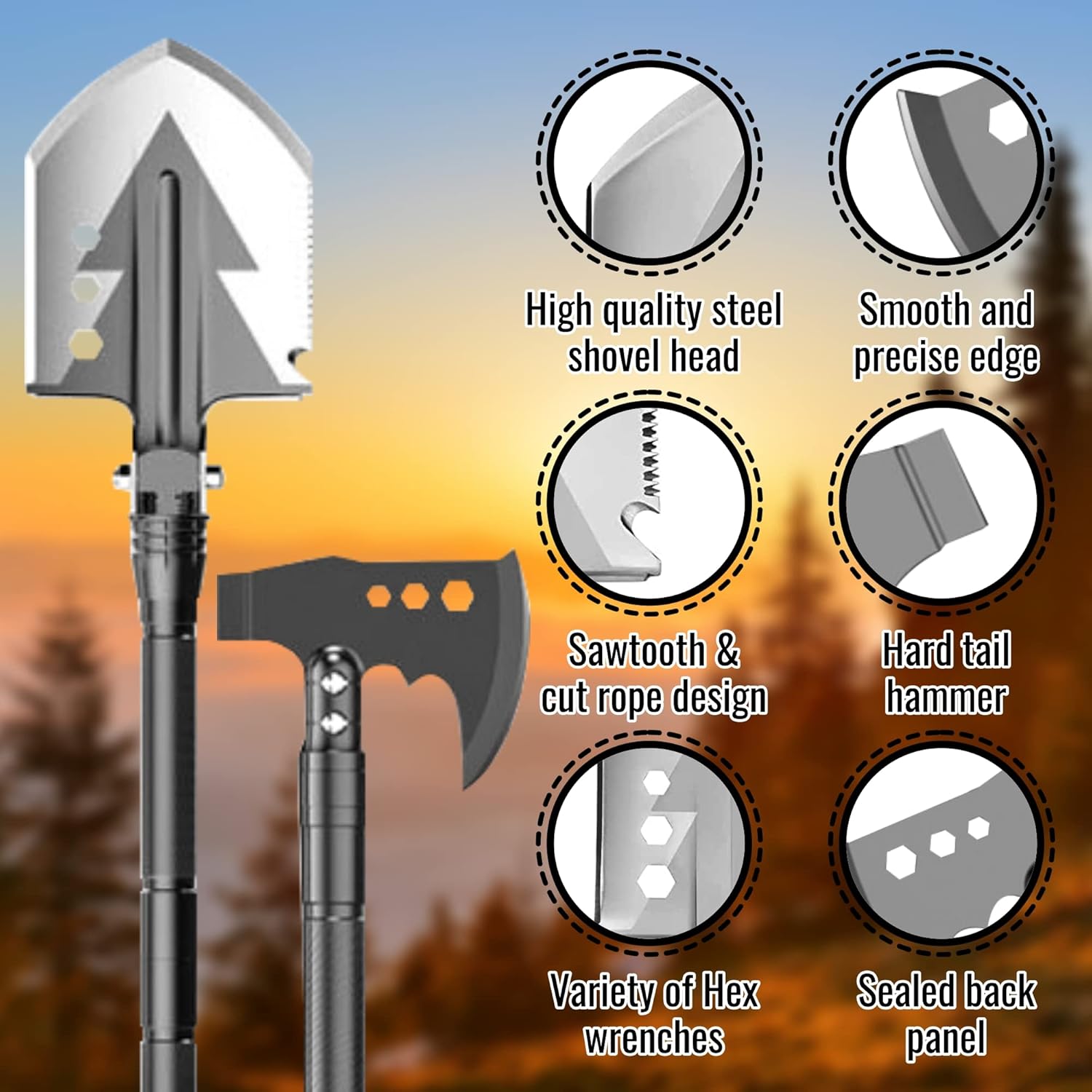 Camping Shovel and Multitool Set for Backpacking | Lightweight, Collapsible Camping Equipment and Survival Tools with Lightweight-Hatchet | 8-Piece Survival Kit for Outdoors and Hiking