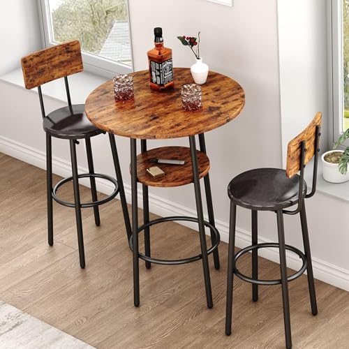 3-Piece Dining Table Set for 2, Small Round Kitchen Table with 2 Chairs, Counter Height Bar Table with Storage, Pub Table and PU Upholstery Stools for Small Space, Apartment, Bistro-Grey
