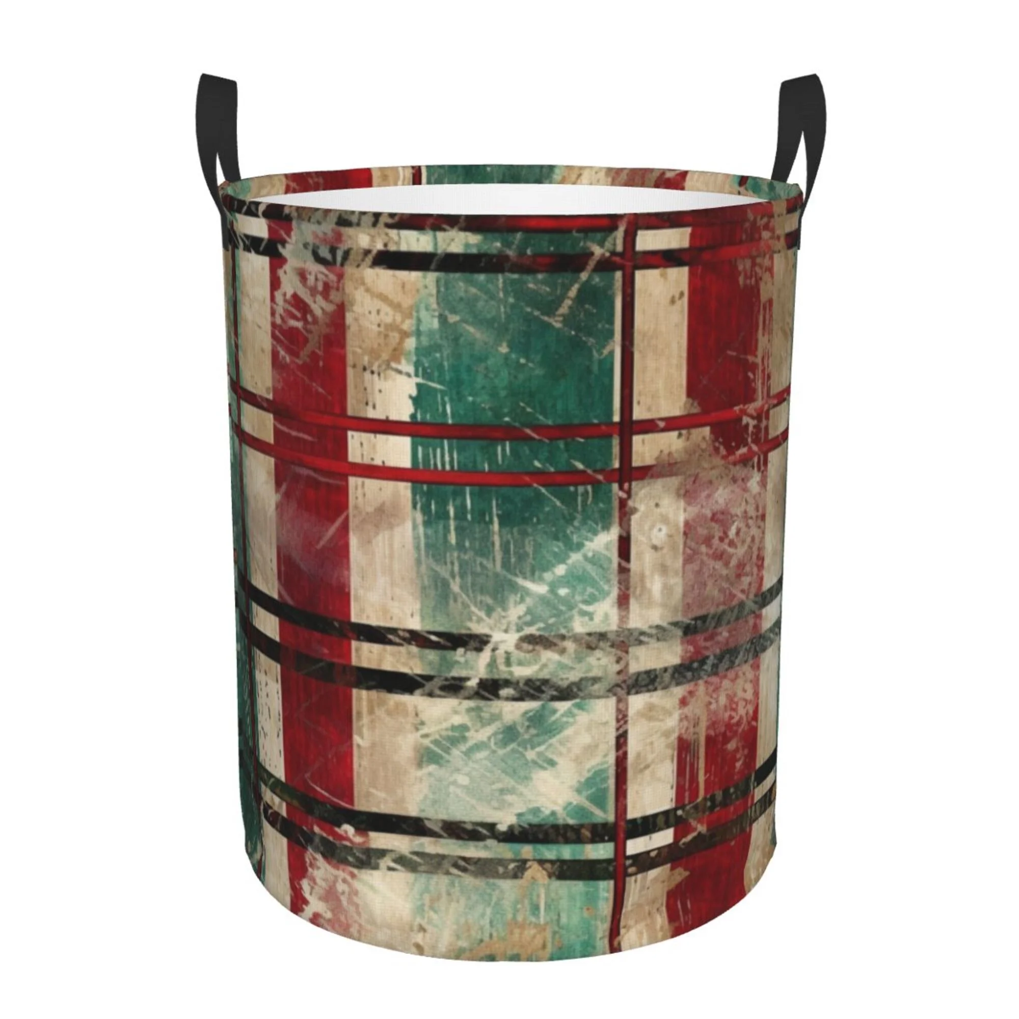 TEQUAN Waterproof Laundry Hampers, Red and Green Grunge Plaid Pattern Clothes Storage Basket with Handle (S)