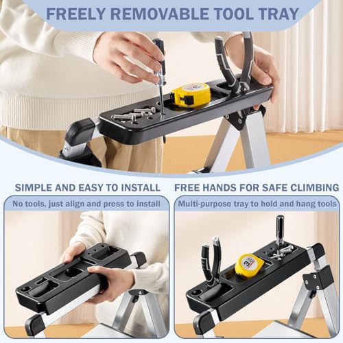 XinSunho 5 Step Ladder, Retractable Handgrip Folding Step Stool with Anti-Slip Wide Pedal, Aluminum Stool Ladders 5 Steps, 330lbs Safety Household Ladder