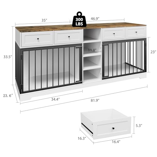 IDEALHOUSE 82” Large Dog Crate for 2 Dogs, Dog Kennel Indoor with 4 Drawers and Shelves, Double Dog Crate Furniture TV Stand, Wooden Dog Cage for Medium Large Dogs, White