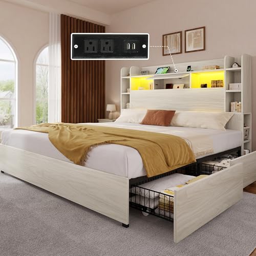 YITAHOME Queen Bed Frame with Bookcase Headboard and 4 Storage Drawers, RGB LED Bed Frame with Type-C & USB Charging Station Storage Headboard Bed, No Box Spring Needed, Noise Free, Black