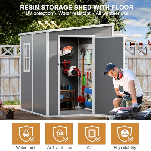 Resin Outdoor Storage Shed with Floor 5x4 FT Waterproof Plastic Sheds Kit Window Lockable Door Included, Outside Garden Tools Sheds for Backyard Patio