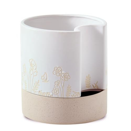 Nihow Self Watering Plant Pot: 6 Inch Ceramic Planter with Drainage Hole & Water Storage Plus for Indoor & Outdoor Plants - Cylinder Round Flower Pot for Succulent/Herbs/Violets -White