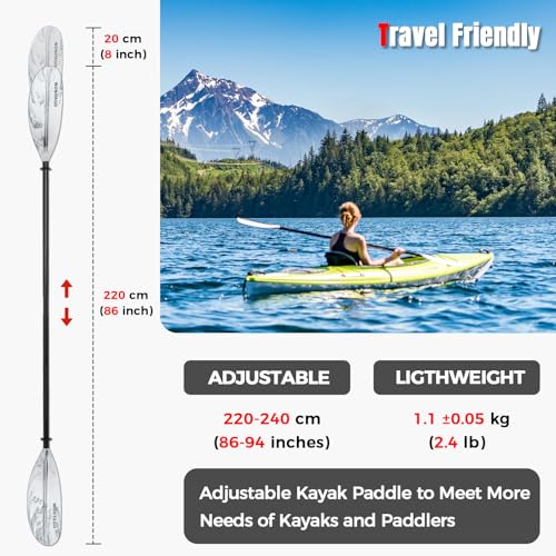 Kayak Paddles with Alloy Shaft and PP Blade, Floating Kayaking Oars, Adjustable 230-250 cm/90-98 Inches, 210-230 cm/82-90 Inches