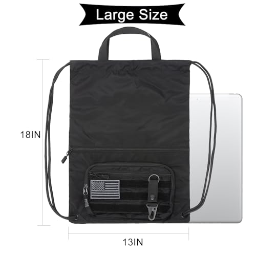 seyfocnia Drawstring Backpack Tactical String Bag with Zipper Pockets Waterproof Cinch Bag Sport Gym Sackpack - Black