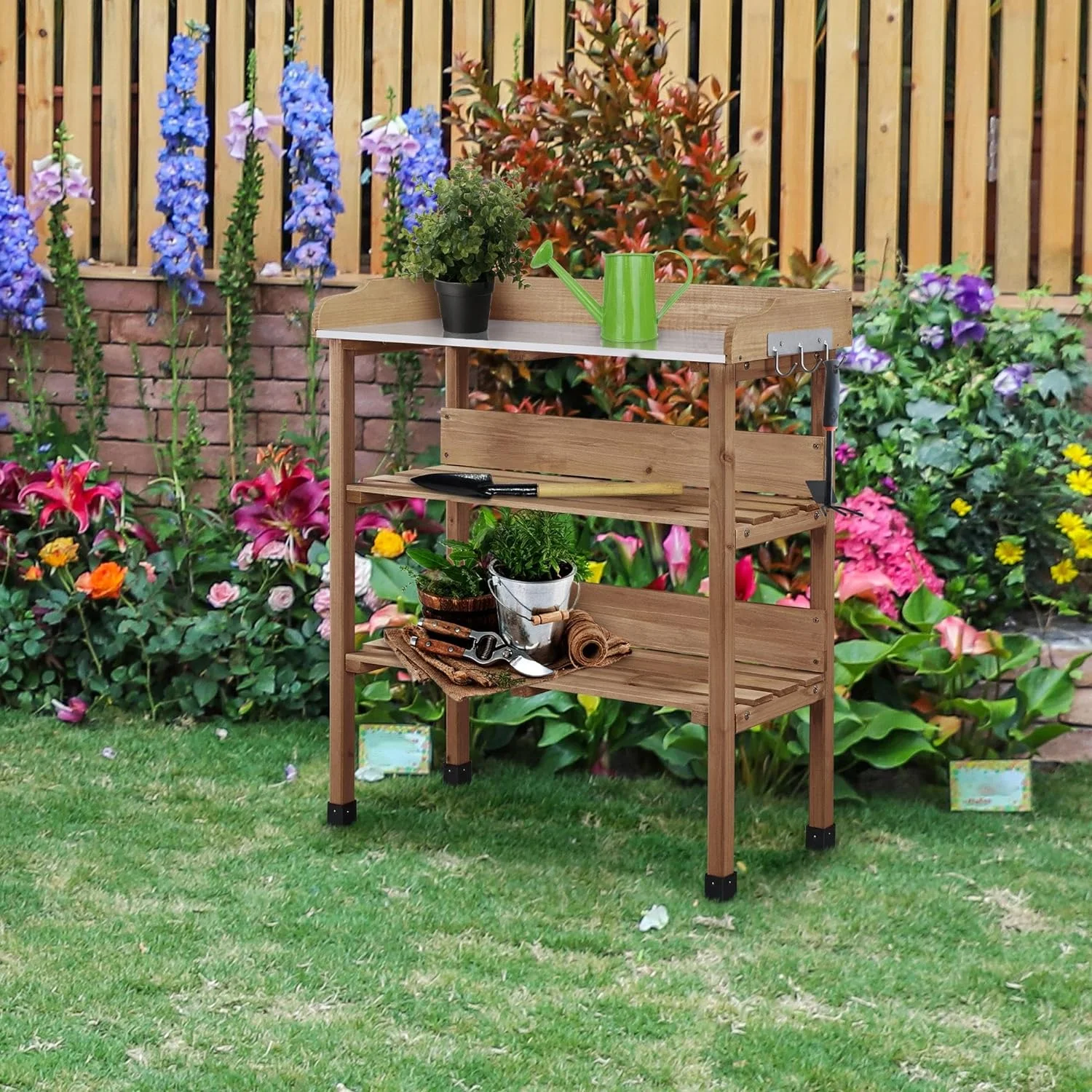 Outdoor Garden Potting Bench Table Wooden Horticulture Planting Worstation w/Metal Tabletop/Storage Shelf/3 Hooks, Brown