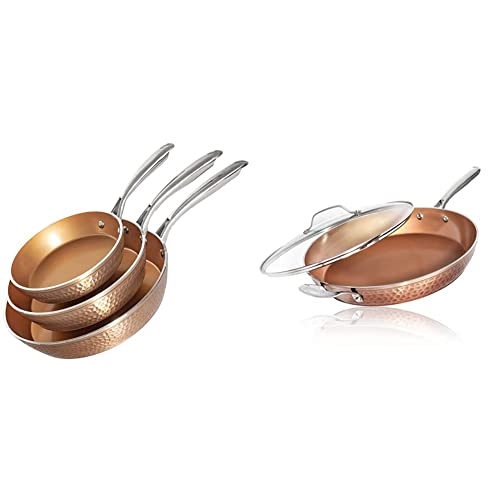 GOTHAM STEEL Hammered Copper Nonstick Frying Pan Set with Glass Lid (3 Pieces)
