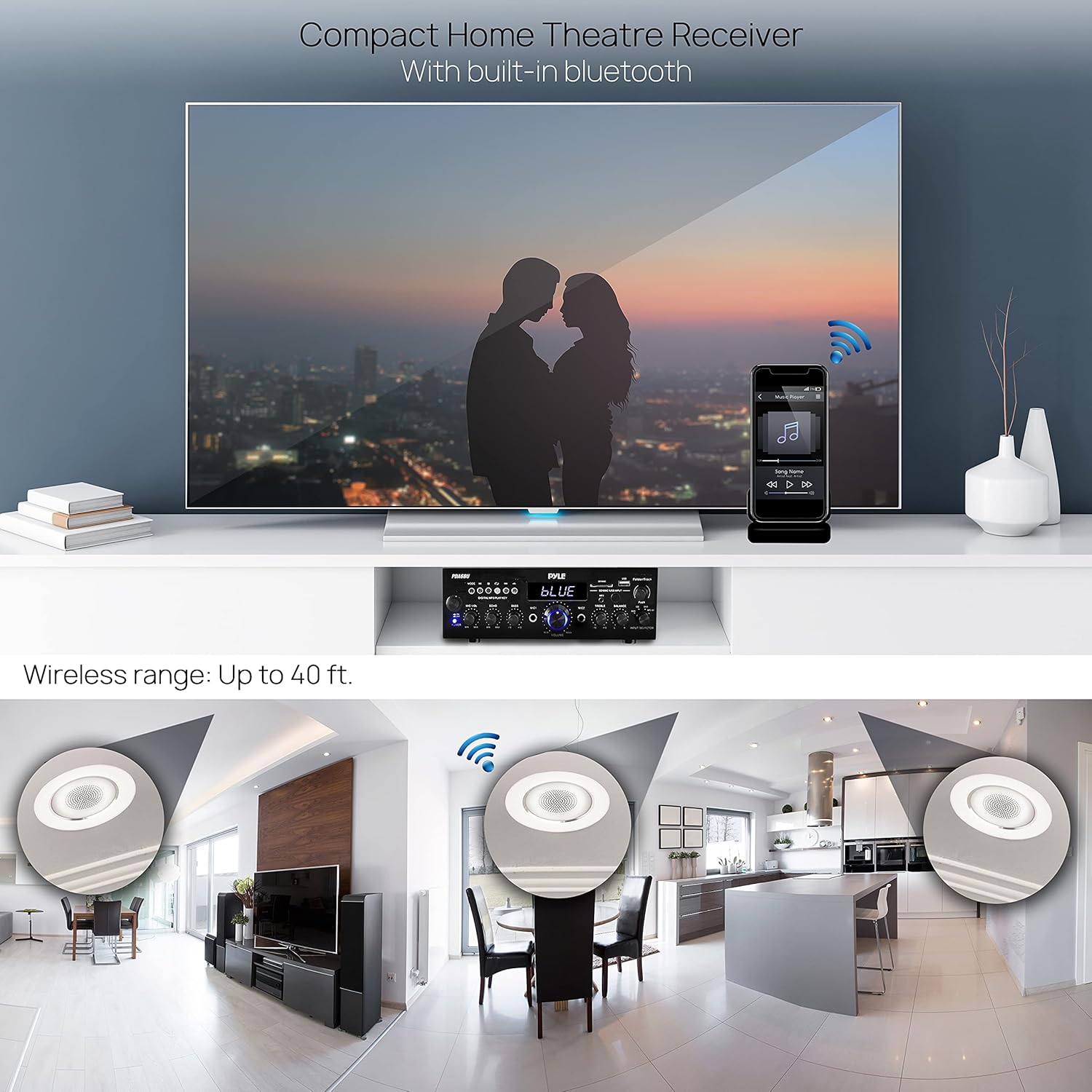 Wireless Bluetooth Home Stereo Amplifier-Multi-Channel 200 Watt Power Amplifier Home Audio Receiver System W/Optical/Phono/Coaxial, FM Radio, USB/SD, AUX, RCA, Mic in-Antenna, Remote-Pyle PDA4BU