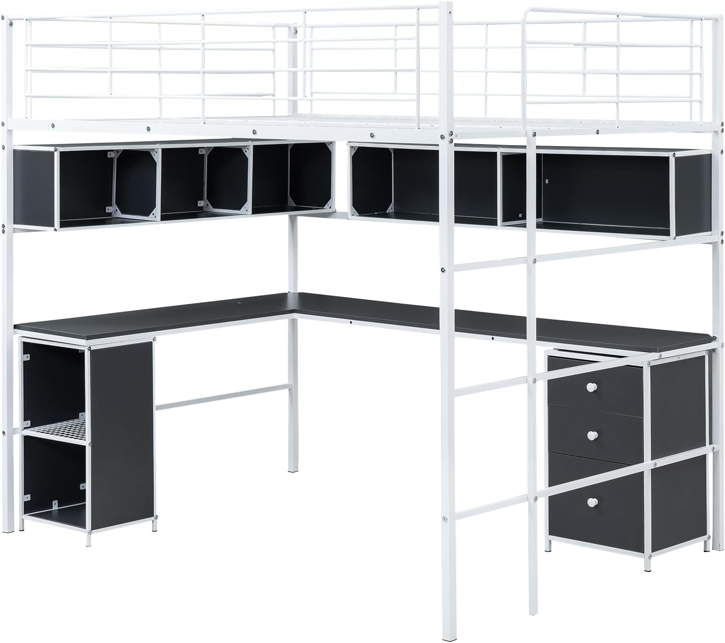 Metal Loft Bed with bookcase, desk and cabinet, Full, White