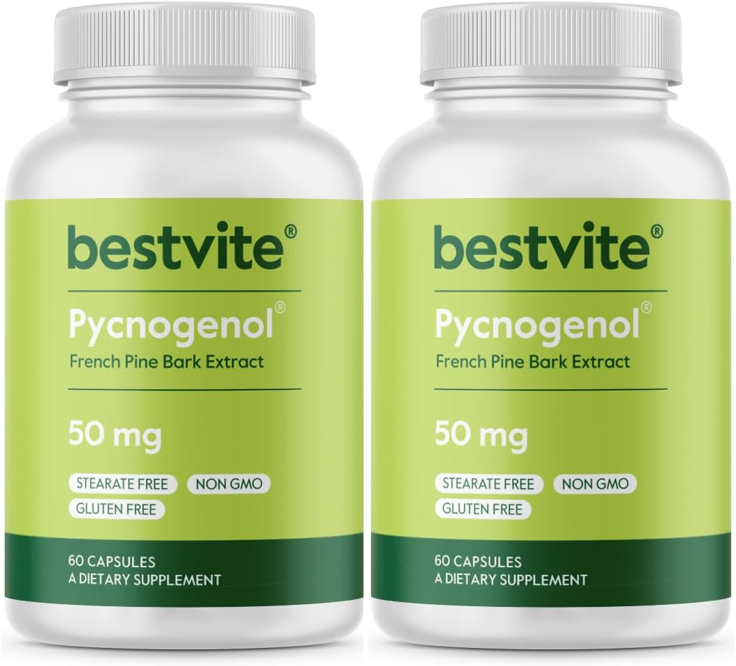 BESTVITE Pycnogenol 50mg (120 Capsules) (60x2) - French Maritime Pine Bark Extract - No Stearates - Gluten Free - Non GMO