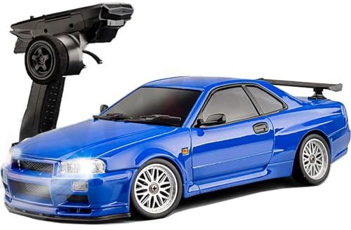 LD1899 1/18 RC Drift Car GTR R34 2.4GHz RWD with Gyroscope on-Road Alloy Body Shell Racing Cars Radio Control (Blue)