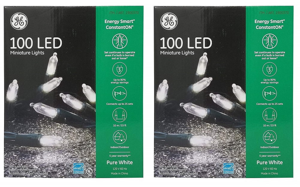 GE 100 LED Miniature Lights Energy Smart ConstantOn, Pure White (2-Pack)