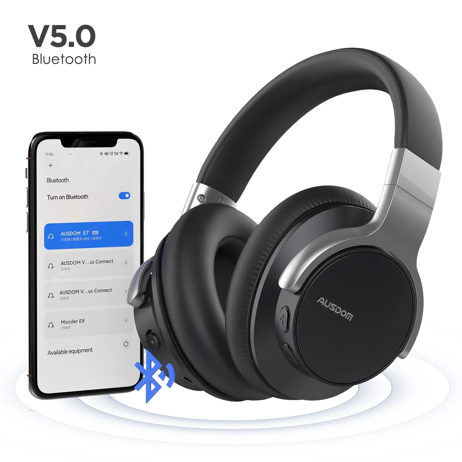 AUSDOM E7 Active Noise Cancelling Headphones,Wireless over Ear Bluetooth 5.0 Headsets with Mic,Black