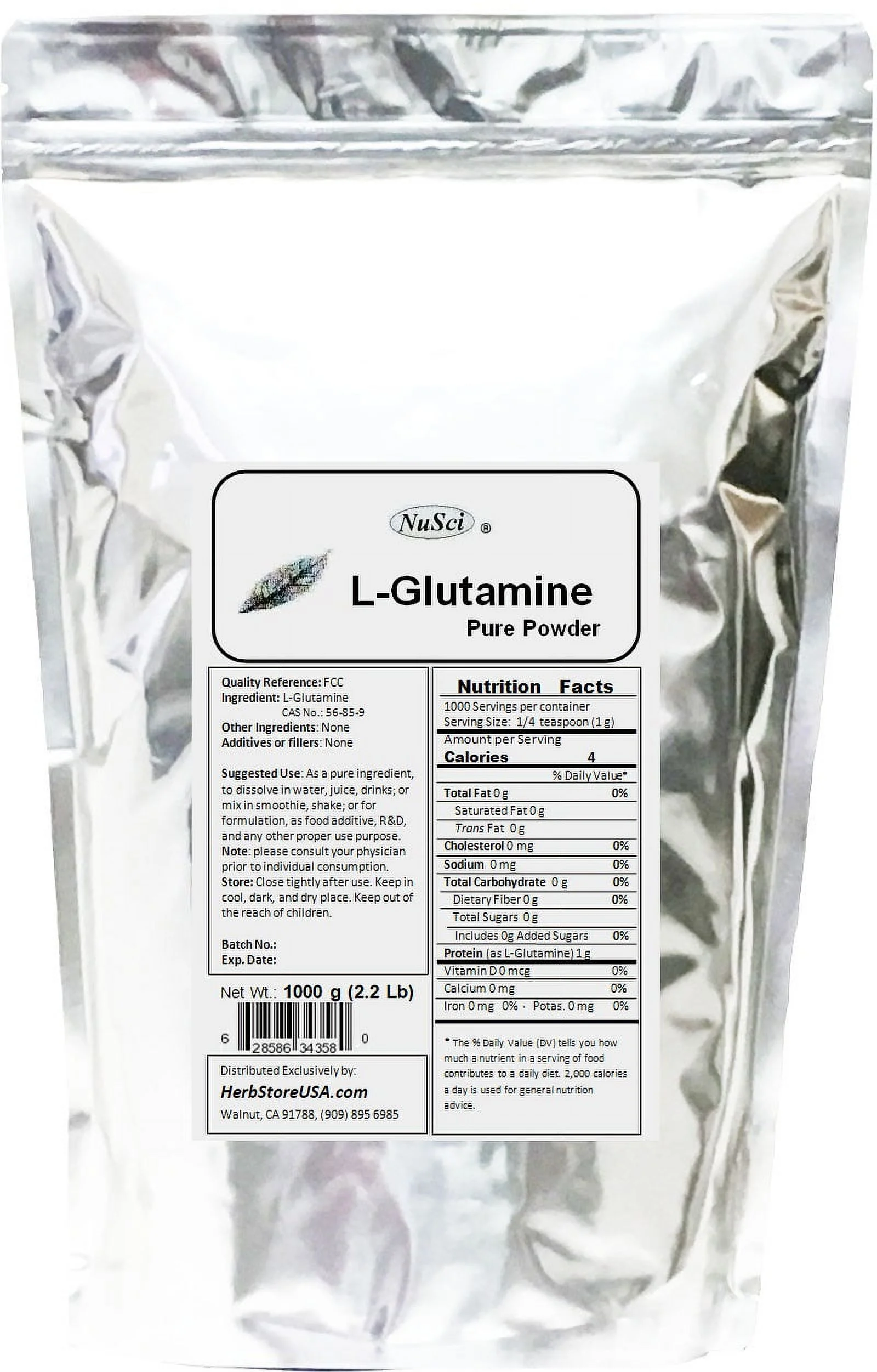 NuSci L-Glutamine Pure Powder 1000g (2.2 lb) FCC Muscle Mass