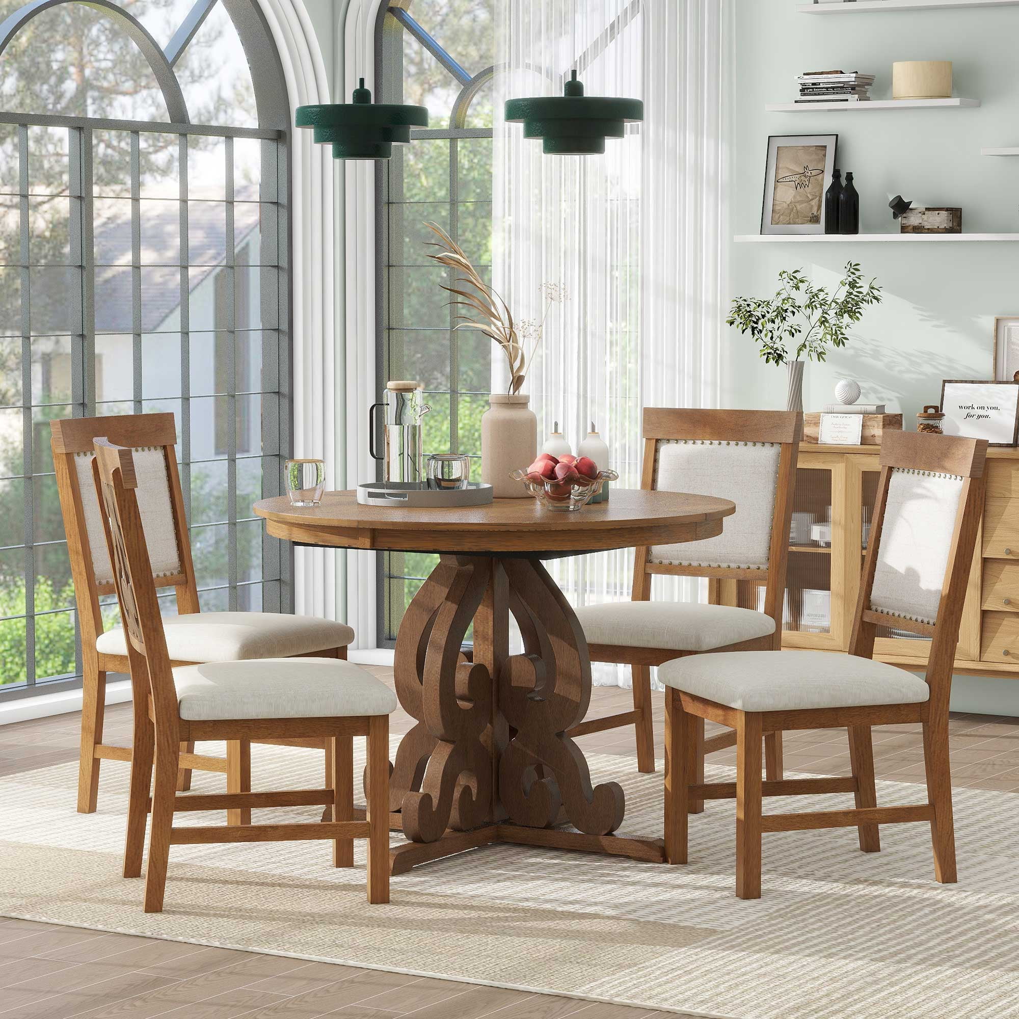 Dining Table Set for 4, Atumon Dining Room Set with Extendable Round Table and 4 Upholstered Dining Chairs, Farmhouse 5 Piece Dining Table and Chairs Set for Apartment Kitchen Dining Room, Walnut