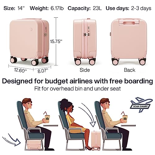 mixi Upgrade Carry on Luggage 14 Inch Underseat Personal Item Suitcases with Spinner Wheels, Hardside Rolling Suitcase PC with TSA Lock Lightweight Travel Case, Fine Grid Black