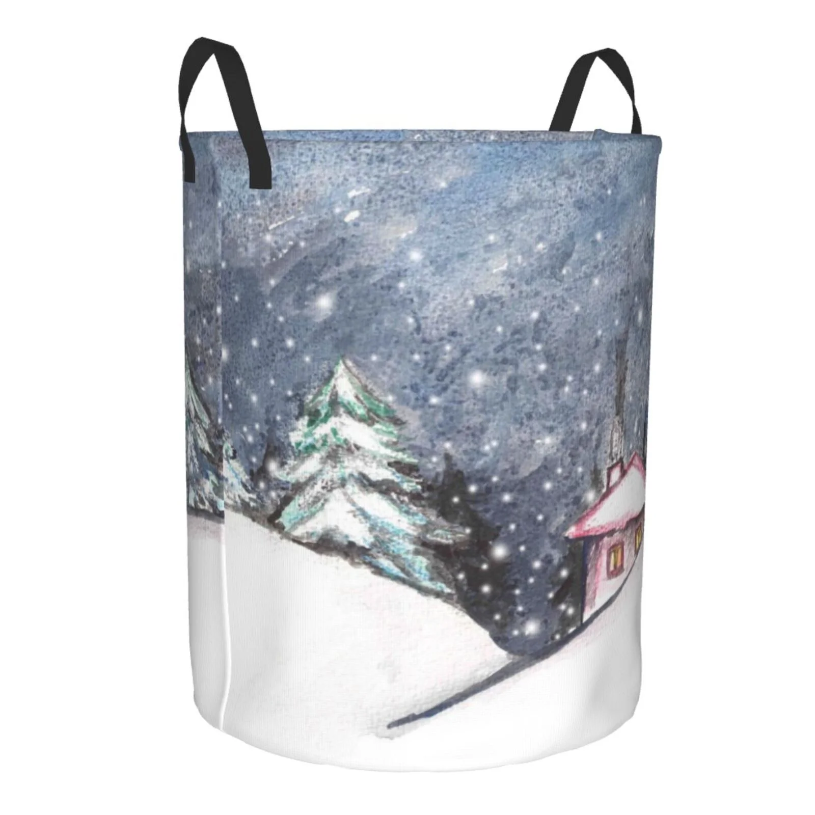 Fotbe Laundry Hamper With Durable Leather Laundry Basket Watercolor Winter Landscape For Christmas Thickened Waterproof Round Collapsible Laundry Hamper, Dirty Clothes Laundry Basket