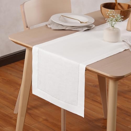 Cotton Linen White Table Runner 72 Inches Long – Spring, Summer Farmhouse Table Runner with Motif Embroidery – Washable Fabric Scarf for Wedding Decoration, Gift