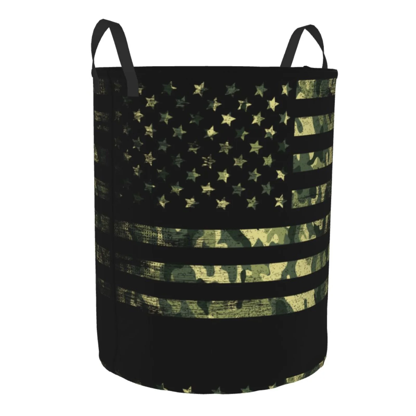 Fotbe Laundry Hamper With Durable Leather Laundry Basket American Flag Camo Thickened Waterproof Round Collapsible Laundry Hamper, Dirty Clothes Laundry Basket
