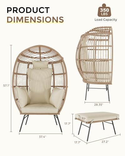 Wicker Egg Chair with Ottoman, Patio Lounge Egg Chair with Footrest, Comfy Hand-Made Rattan Chair with Thick Cusion & Metal Frame for Indoor, Outdoor, Patio and Porch, Grey