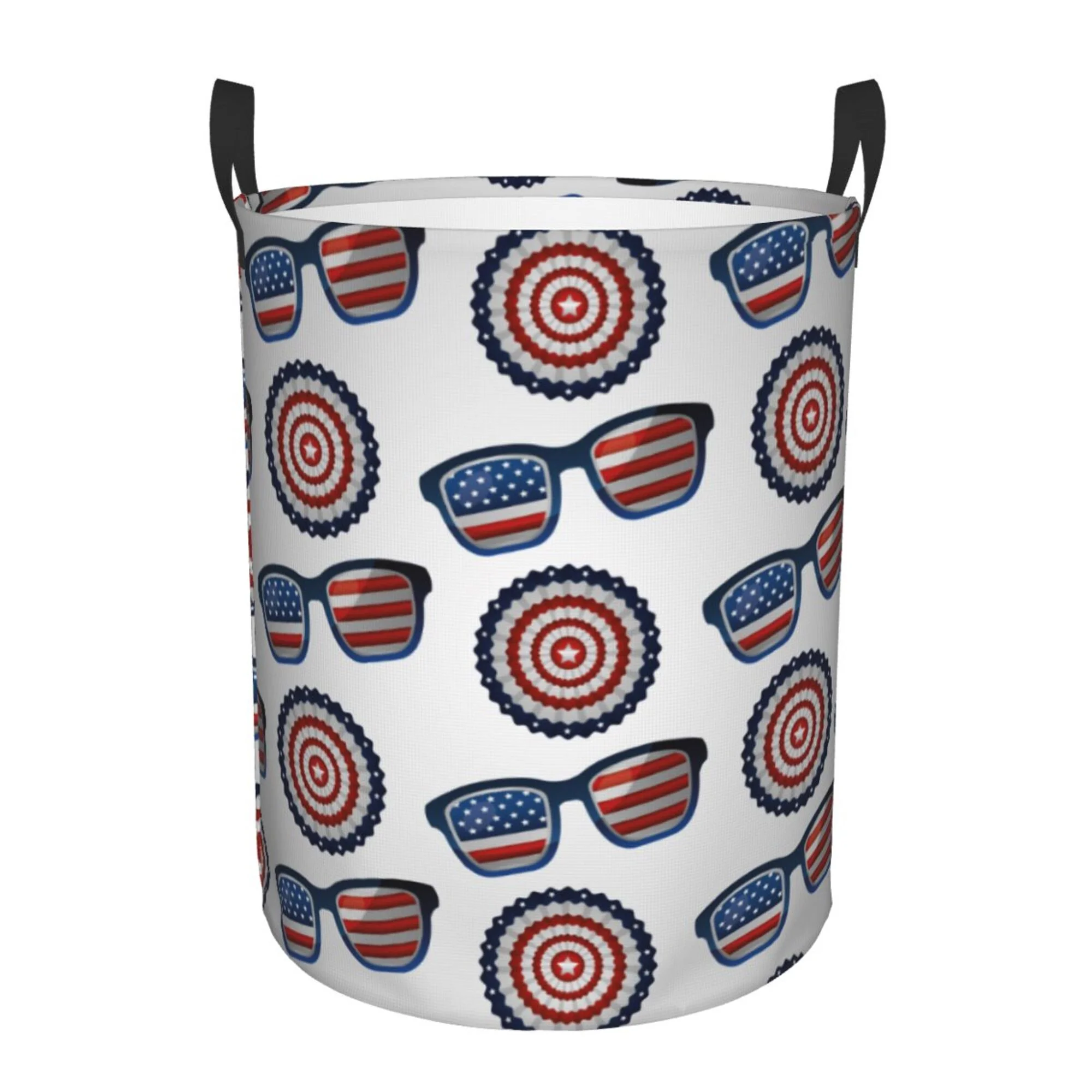 DouZhe Waterproof Collapsible Large Laundry Baskets, Patriotic Day American Flag Prints Circular Hamper with Handles