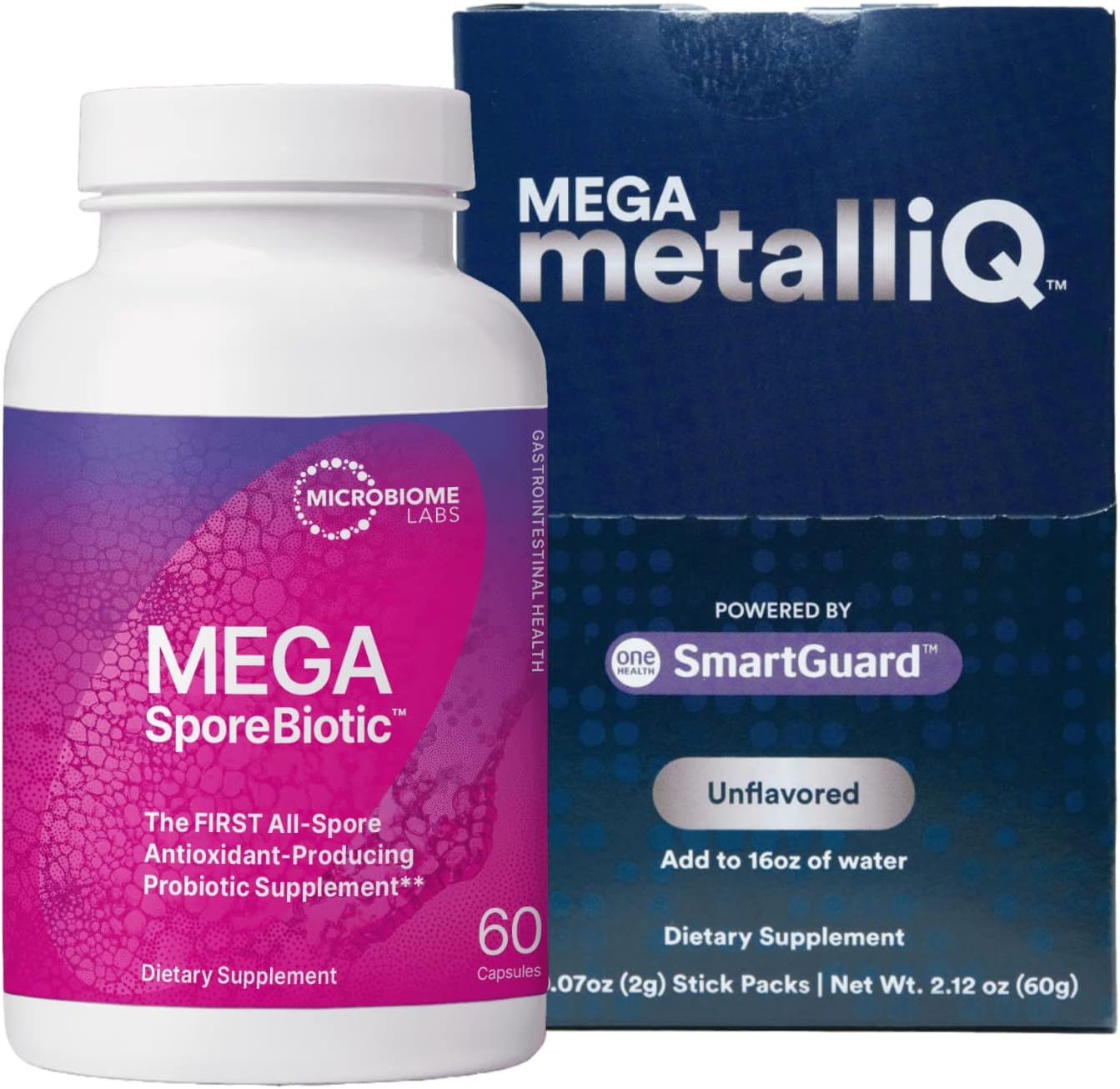 Microbiome Labs MegaSporeBiotic Spore-Based Probiotic (60 Capsules) + MegaMetalliQ Powder Sachets to Support The Removal of Unwanted Elements in The Gut (30 Sachets) - 2 Product Bundle