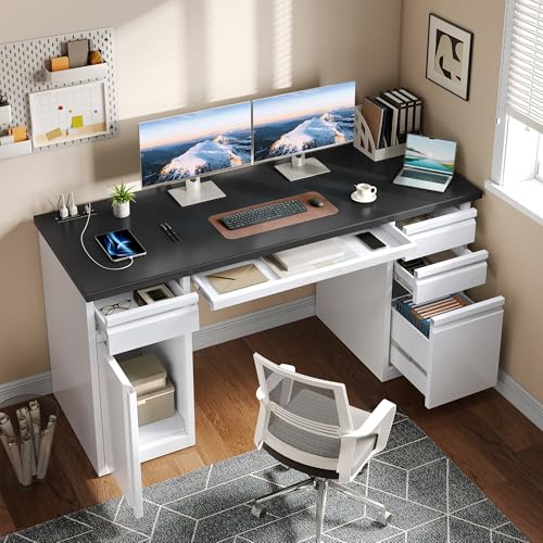 YITAHOME Office Desk with 5 Drawers, Executive Desk with Power Outlets, 57 Inch Computer Desk with File Cabinet, Keyboard Tray, for Home Office Small Spaces, Steel, Black