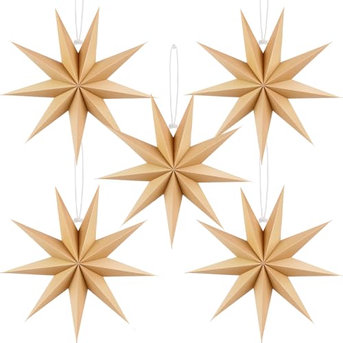 12 Inches 5 PCS Natural Paper Star Lanterns Christmas Party Decorations Hanging Stars Christmas Party Decorations Wedding Birthday Christmas Home Party Decorations(9 Pointed)