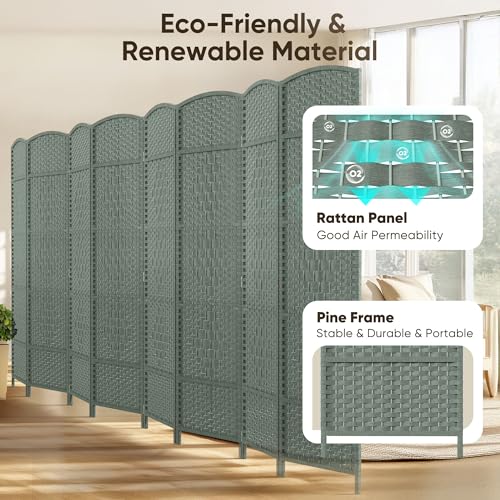 JOSTYLE Folding Privacy Room Divider, 4 Panel Screen Divider 6 ft. Tall Freestanding Extra Wide Rattan Room Partition Wall Separation Dividers, Grey
