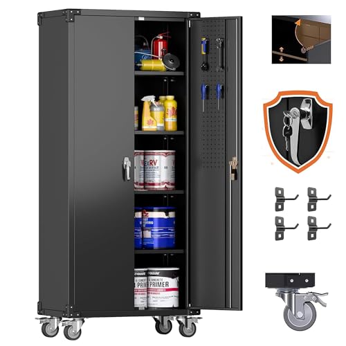Aobabo 73''H Metal Garage Storage Cabinet with Wheels,Steel Cabinets with 2 Doors and 4 Adjustable Shelves for Home Office,Required Assembly,Black