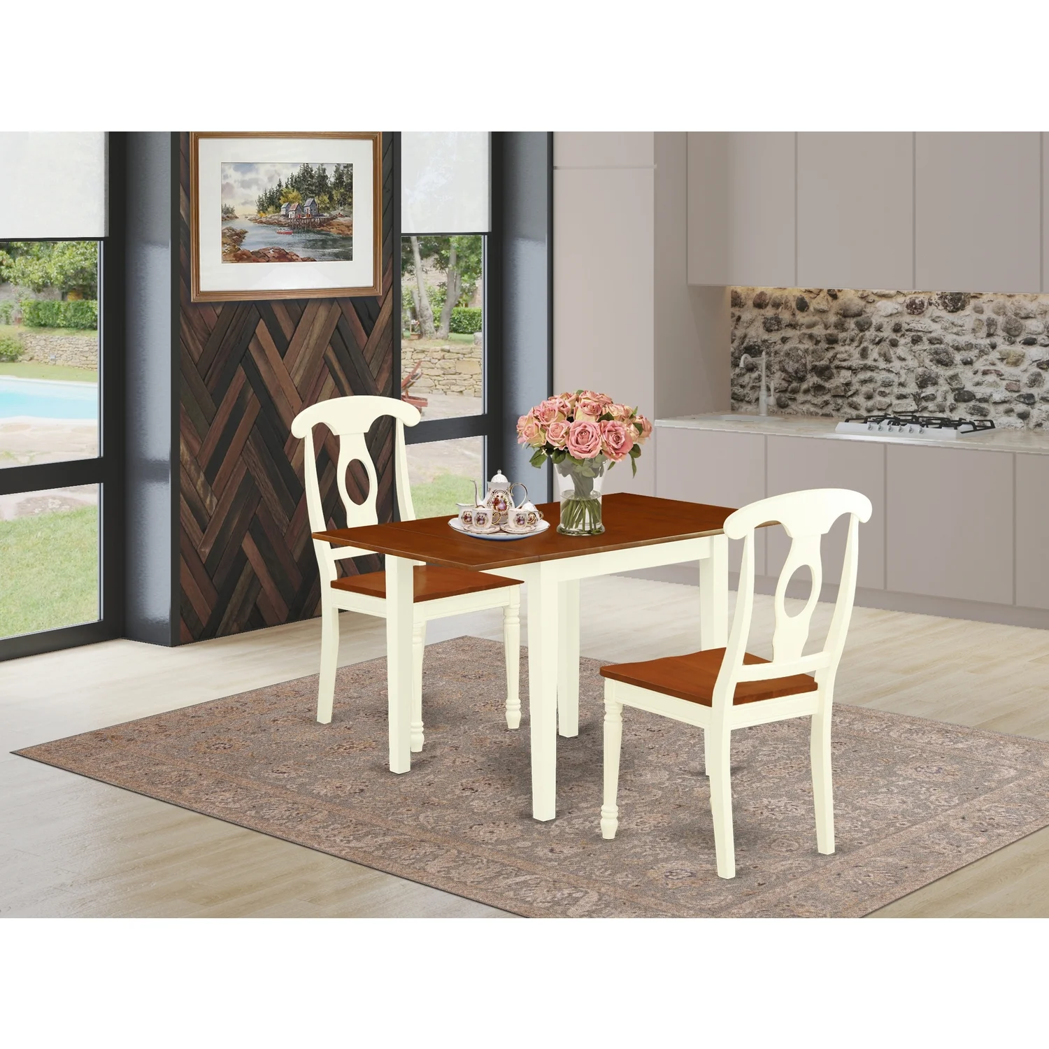East West Furniture NDKE3-WHI-W 3Pc Modern Dining Table Set Consists of a Dining Table and 2 Kitchen Chairs with Hard Wood Seat and Napoleon Back, Buttermilk and Cherry Finish
