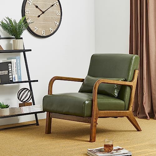 Glitzhome 2 Set Mid Century Black Accent Armchair, Single Reading Armchair PU Leather Lounge Chair with Walnut Ruberwood Frame