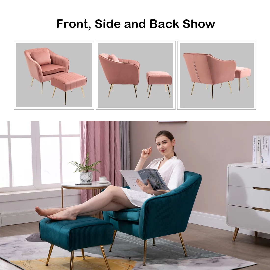 Velvet Accent Chair for Living Room, Mid Century Modern Vanity Armhair for Bedroom with Armrest, Arm Chair with Golden Metal Legs, Pink