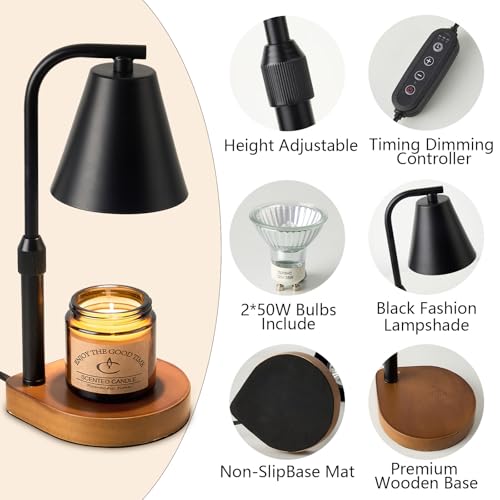 Electric Candle Warmer Lamp with Timer: Candle Warmer Lamp Adjustable Height for All Size Jar Candles, Dimmable Candle Warmer Light with 2 Bulbs for Bedroom Home Decor, Gifts for Women, White